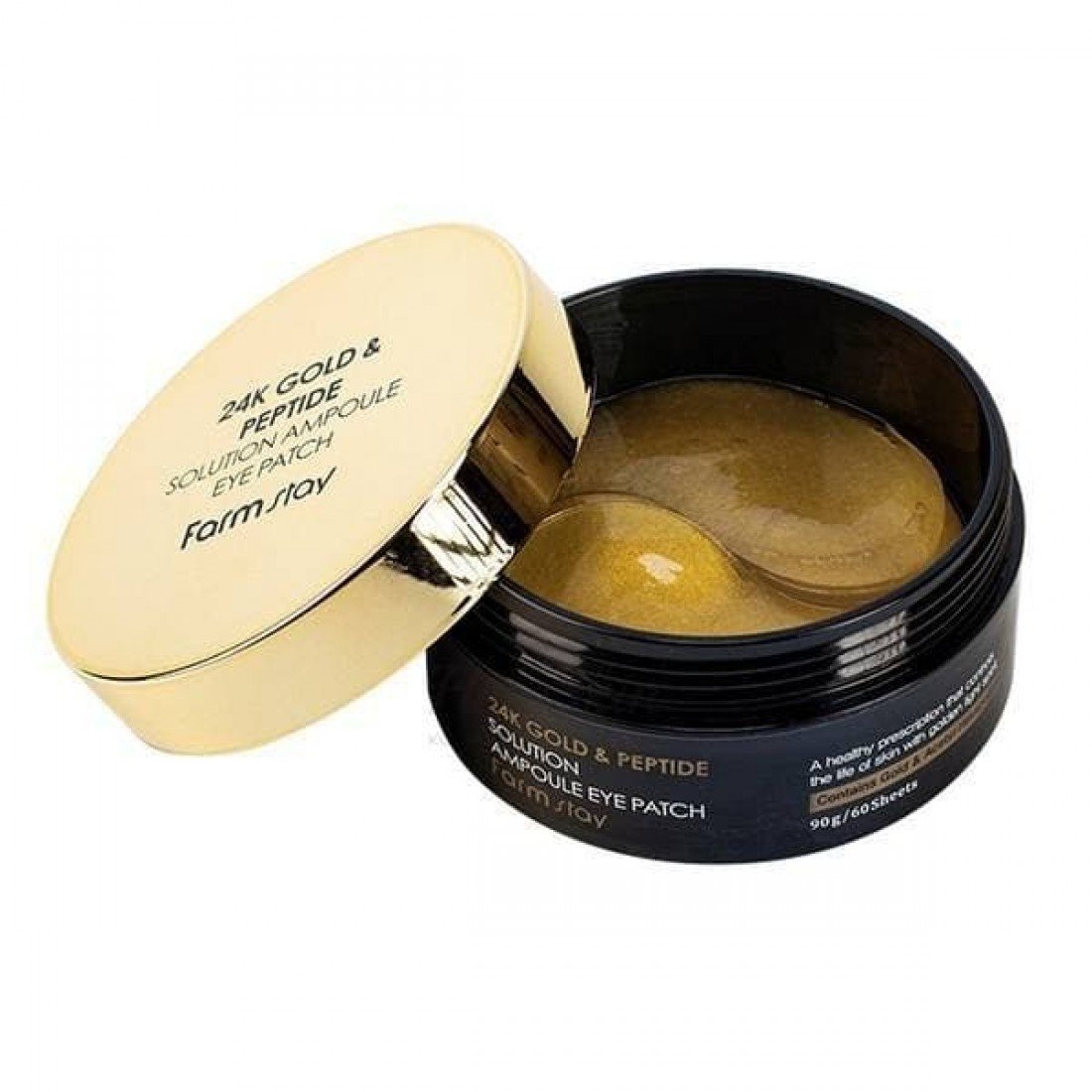 Hidrogelinės paakių kaukės-FarmStay 24K Gold & Peptide Solution Ampoule Eye Patch 60 vnt baltame fone